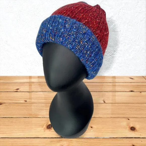 Handmade Cotton Alpaca Tweed Knit Blue Denim & Strawberry Red Unisex Beanie - Picture 9 of 10